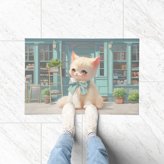 Fluffy Kitten mit Blue Bow im Konditorladen Fußmatte (Indoor)