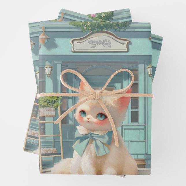 Fluffy Kitten mit Blue Bow im Konditorladen Geschenkpapier Set (Beispiel)