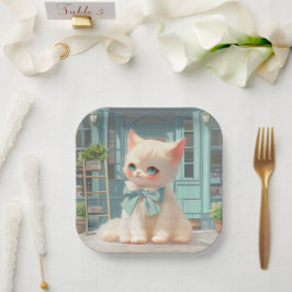 Fluffy Kitten mit Blue Bow im Konditorladen Pappteller