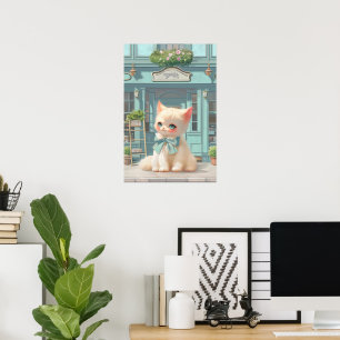 Fluffy Kitten mit Blue Bow im Konditorladen Poster
