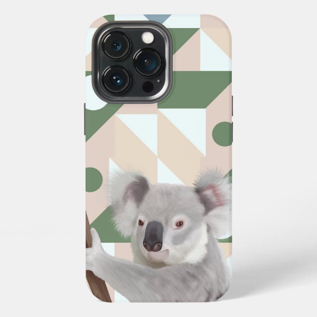 Fluffy Koala Green Geometric Background iPhone 13 Pro Hülle (Hinten)