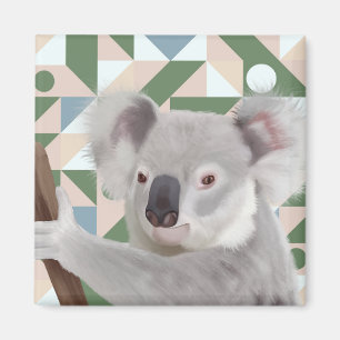 Fluffy Koala Green Geometric Background Magnet