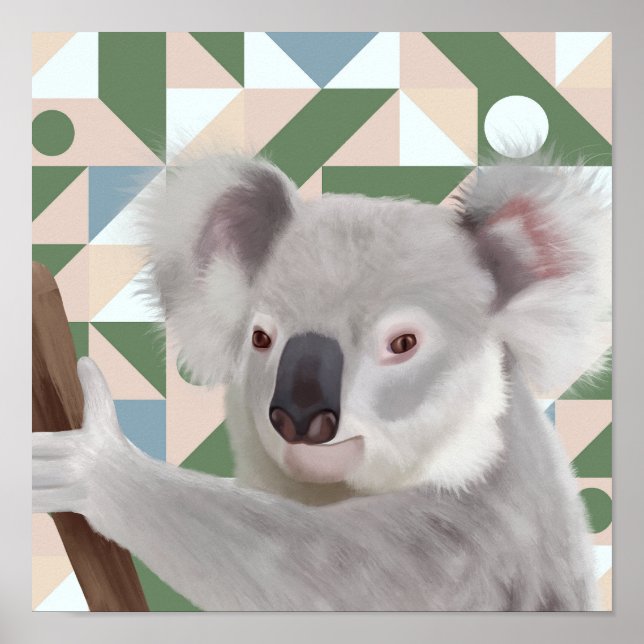 Fluffy Koala Green Geometric Background Poster (Vorne)