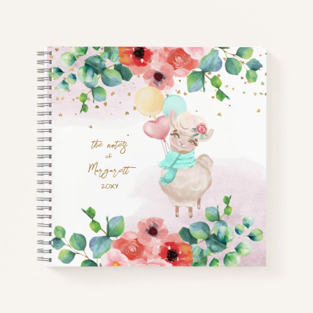 Fluffy Llama Illustration Blume Girl Daily Diary Notizbuch (Vorderseite)