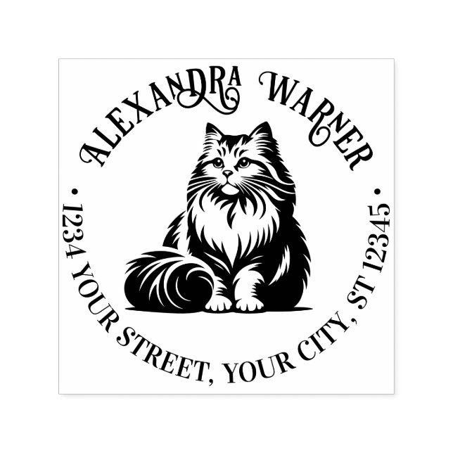 Fluffy Long Hair Cat Sitting #1 Name Ret Adresse Permastempel (Design)