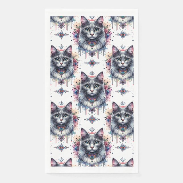 Fluffy Long Hair Gray und White Tuxedo Cat Serviette (Vorderseite)