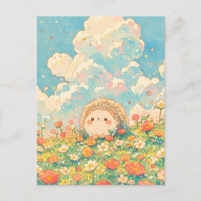 Fluffy Peach Cloud Kawaii Hedgehog Meadow Postkarte (Vorderseite)