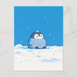 Fluffy Penguin Chick in Snowy Winter Landscape Postkarte
