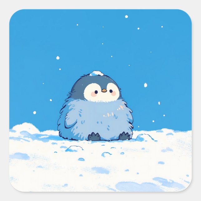 Fluffy Penguin Sitting in Winter Snow Quadratischer Aufkleber (Vorderseite)