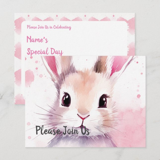 Fluffy pink bunny Special Day Einladungspostkarte (Vorne/Hinten)