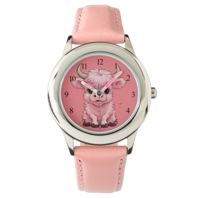 Fluffy Pink Highlands Scottish Cow Armbanduhr (Vorderseite)