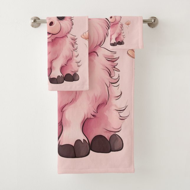 Fluffy Pink Highlands Scottish Cow Badhandtuch Set (Insitu)