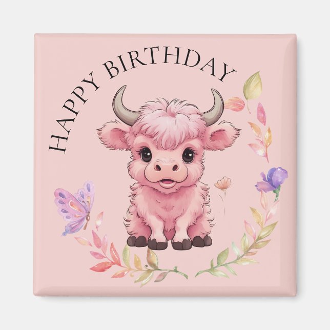 Fluffy Pink Highlands Scottish Cow Magnet (Vorne)