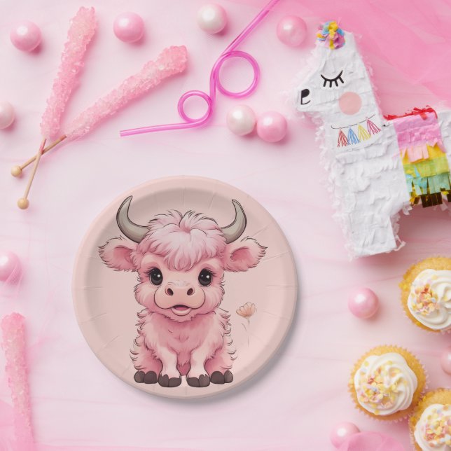 Fluffy Pink Highlands Scottish Cow Pappteller (Party)