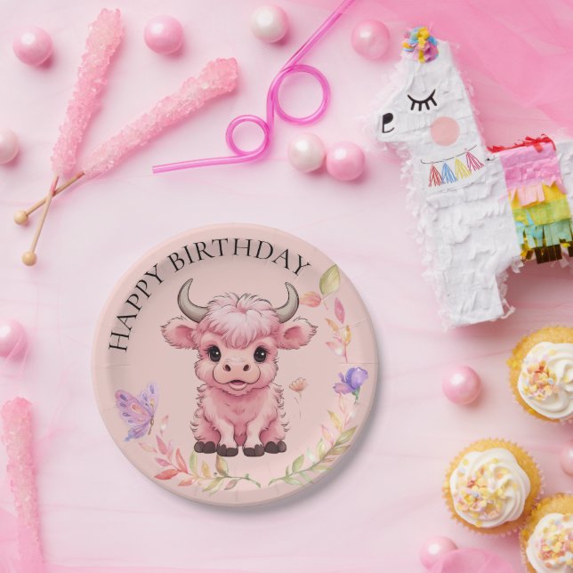 Fluffy Pink Highlands Scottish Cow Pappteller (Party)