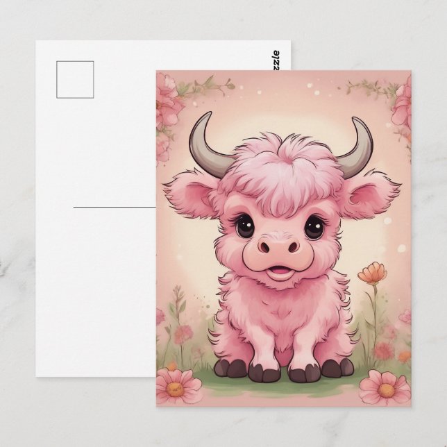 Fluffy Pink Highlands Scottish Cow Postkarte (Vorne/Hinten)