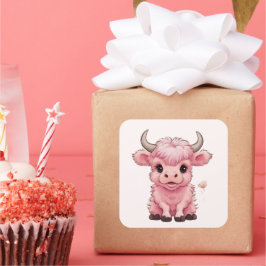 Fluffy Pink Highlands Scottish Cow Quadratischer Aufkleber
