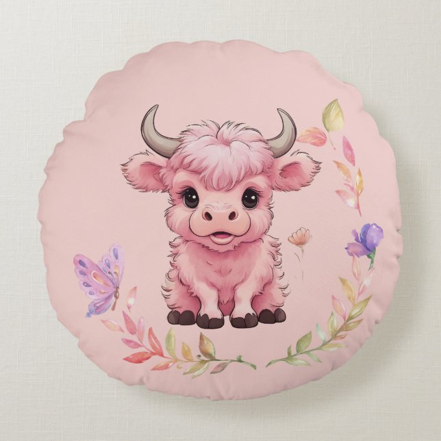 Fluffy Pink Highlands Scottish Cow Rundes Kissen (Vorderseite)