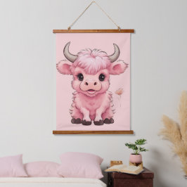 Fluffy Pink Highlands Scottish Cow Wandteppich Mit Holzrahmen
