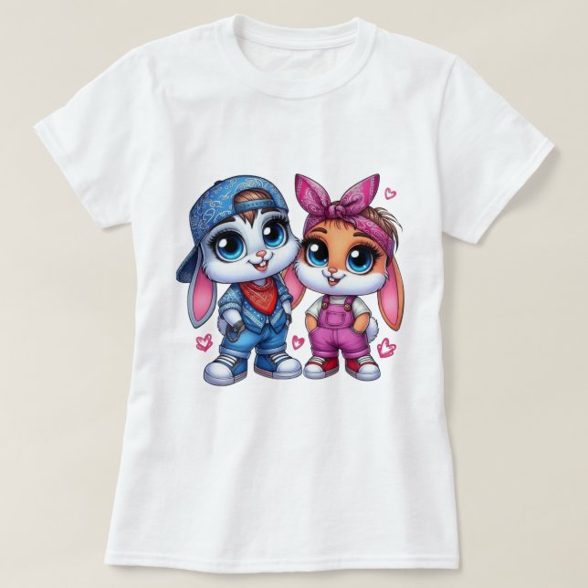 👕🐰Fluffy & Puffy Kaninchen Damen Basic  T-Shirt (Design vorne)