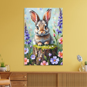 Fluffy Rabbit in einem Feld von Blume Leinwanddruck
