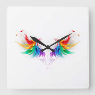 Fluffy Rainbow Wings Quadratische Wanduhr