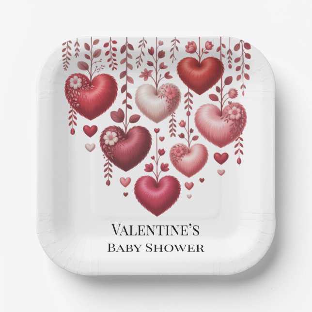 Fluffy Red Floral Heart Baby Shower Pappteller (Vorderseite)