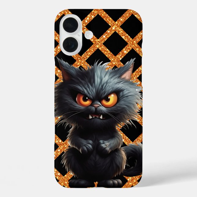 FLÜFFY SCHWARZE ANGRY HALLOWEWEY CAT iPhone 16 PLUS HÜLLE (Rückseite)