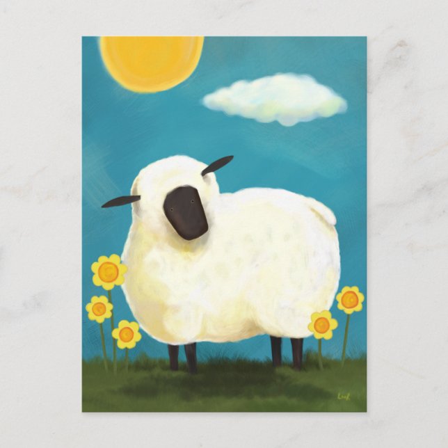 Fluffy Sheep and Yellow Flowers Postcard Postkarte (Vorderseite)