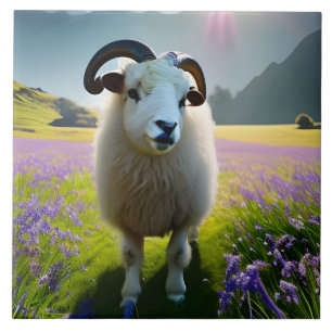 Fluffy Sheep Feld von violetten Blumen Fliese