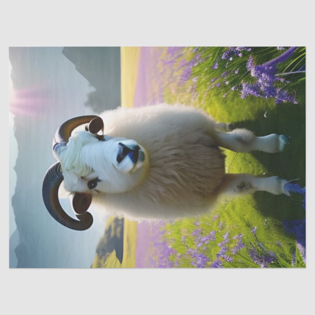 Fluffy Sheep Feld von violetten Blumen Seidenpapier (Vorderseite)