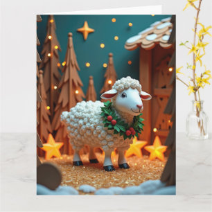 Fluffy Sheep mit Wreath in Snowy Christmas Scene Karte