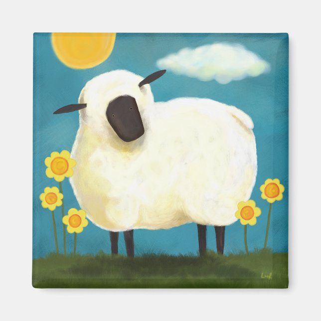 Fluffy Sheep & Yellow Flowers Magnet (Vorne)