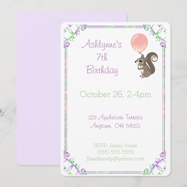 Fluffy Squirrel with Pink Balloon Birthday Custom Einladung (Vorne/Hinten)