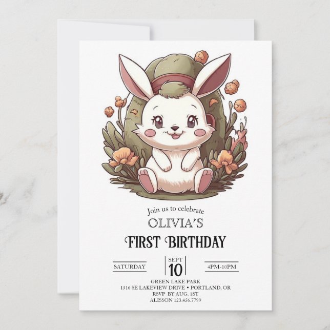 Fluffy Sweet Bunny 1. Geburtstag digital Einladung (Vorderseite)