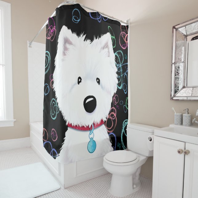 Fluffy Westie Couleurs Douche Noire Rideau (En situation)