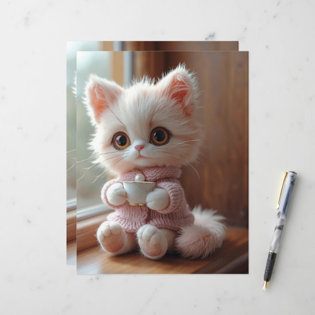 Fluffy White and Light Pink Cat Scrapbook Paper (Vorderseite/Rückseite Beispiel)