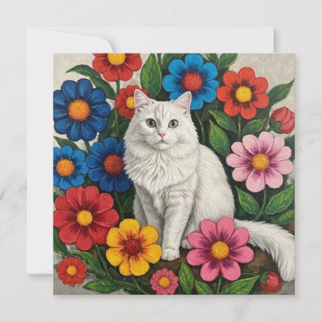 Fluffy White Cat and Folk Art Blume (Vorderseite)