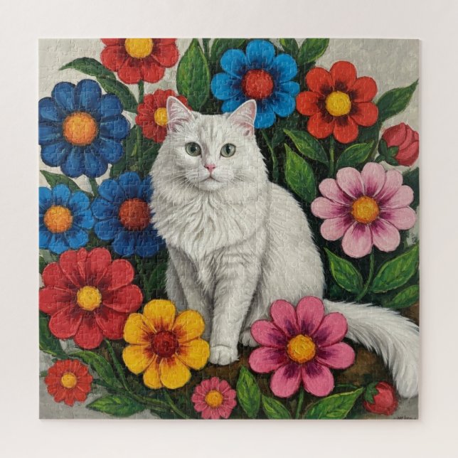 Fluffy White Cat and Folk Art Flowers (Vertikal)