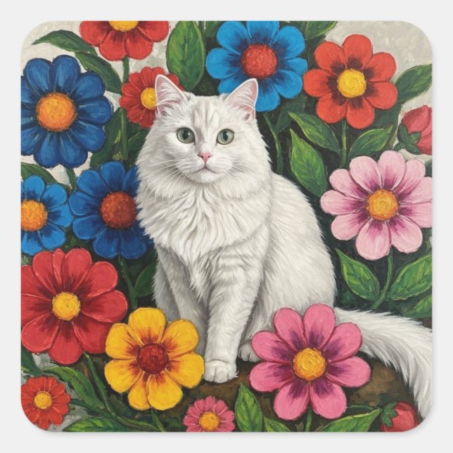 Fluffy White Cat and Folk Art Flowers Quadratischer Aufkleber (Vorderseite)