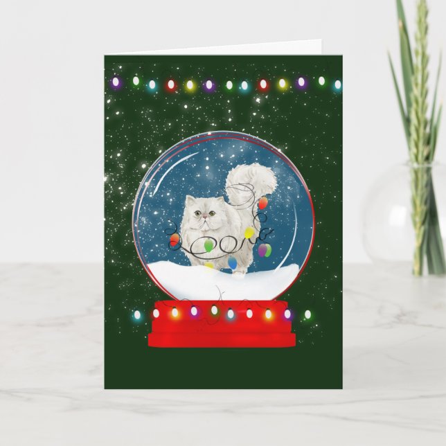 Fluffy White Cat Snow Globe Weihnachtskarte Karte (Vorderseite)