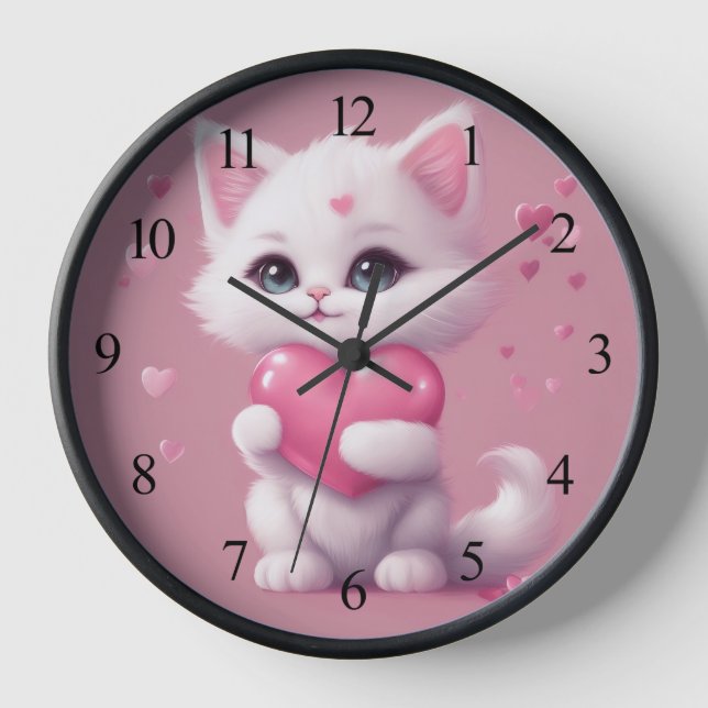 Fluffy White Liebe Kitten Uhr (Vorderseite)