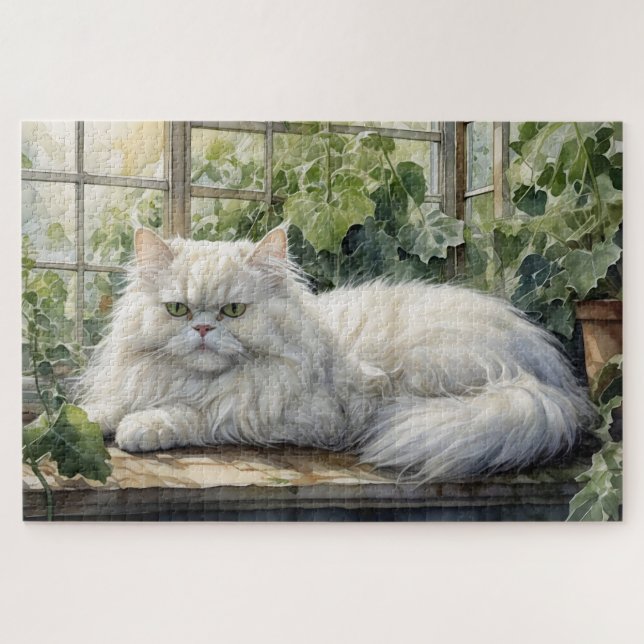 Fluffy White Persian Cat in a Garden (Horizontal)