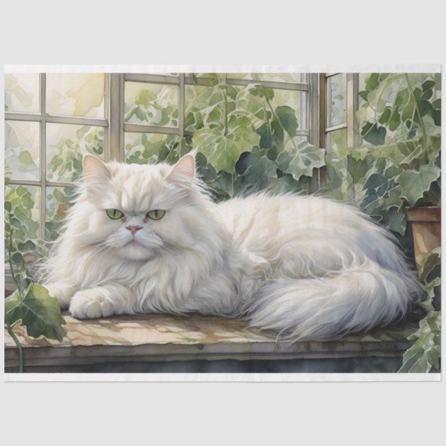 Fluffy White Persian Cat in a Garden Decoupage Seidenpapier (Vorderseite)