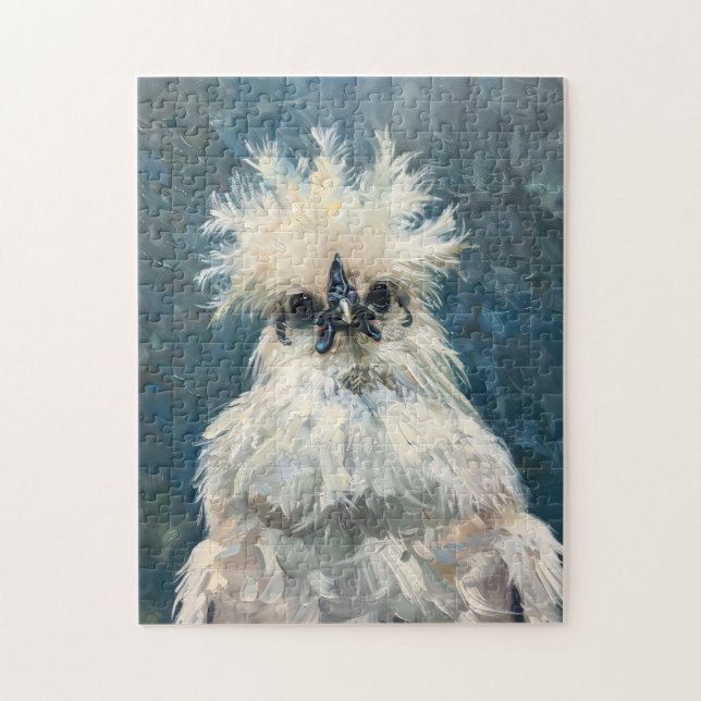 Fluffy White Silkie Chicken Oil Painting (Vertikal)