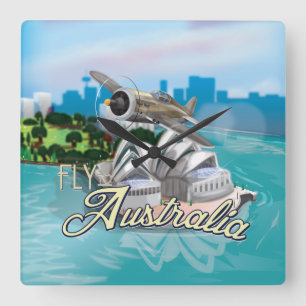 Flug nach Australien Reiseillustration Quadratische Wanduhr