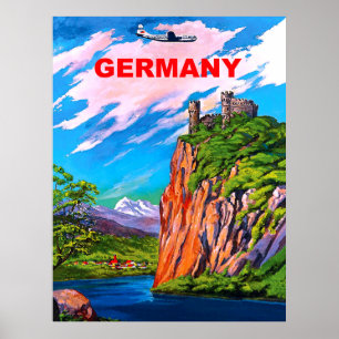 Flug nach Deutschland, Schloss am Rhein, vintage Poster