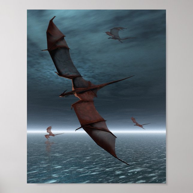 Flug roter Drachen über das Meer Poster (Vorne)