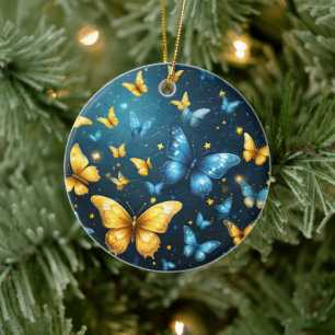 Flügel der Freude: Blaue und gelbe Schmetterlinge, Keramik Ornament