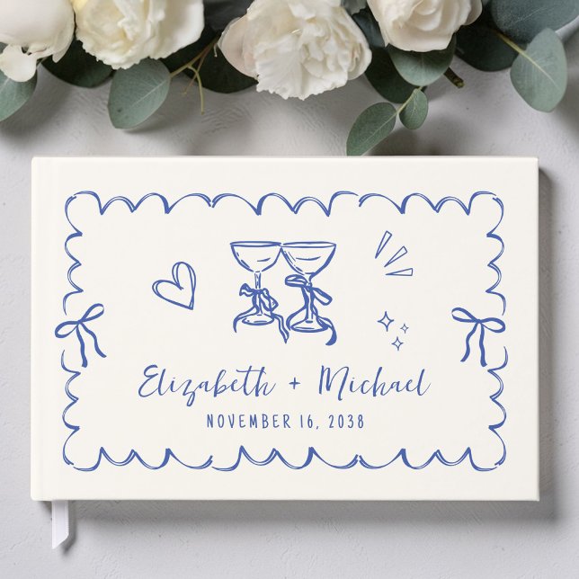 Flügeldraht Blauer Rahmen Blauer Hochzeitstich Gästebuch (Whimsical Wavy Frame Hand Drawn Cream Blue Wedding Guest Book)